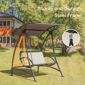 Domi Porch Patio Swing with Adjustable Canopy, 2-seat Swing with Stand, Outdoor Loveseat Swing w/Armrests, Weather Resistant Steel Frame and Textilene Fabric Dark Brown