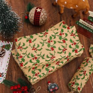 Whaline 100 Sheets Christmas Tissue Paper Xmas Holy Leaves Red Berries Printed Gift Wrapping Paper Rustic Kraft Art Tissue Paper for Christmas DIY Crafts Gift Bags Winter Party Decor, 13.8 x 19.7"