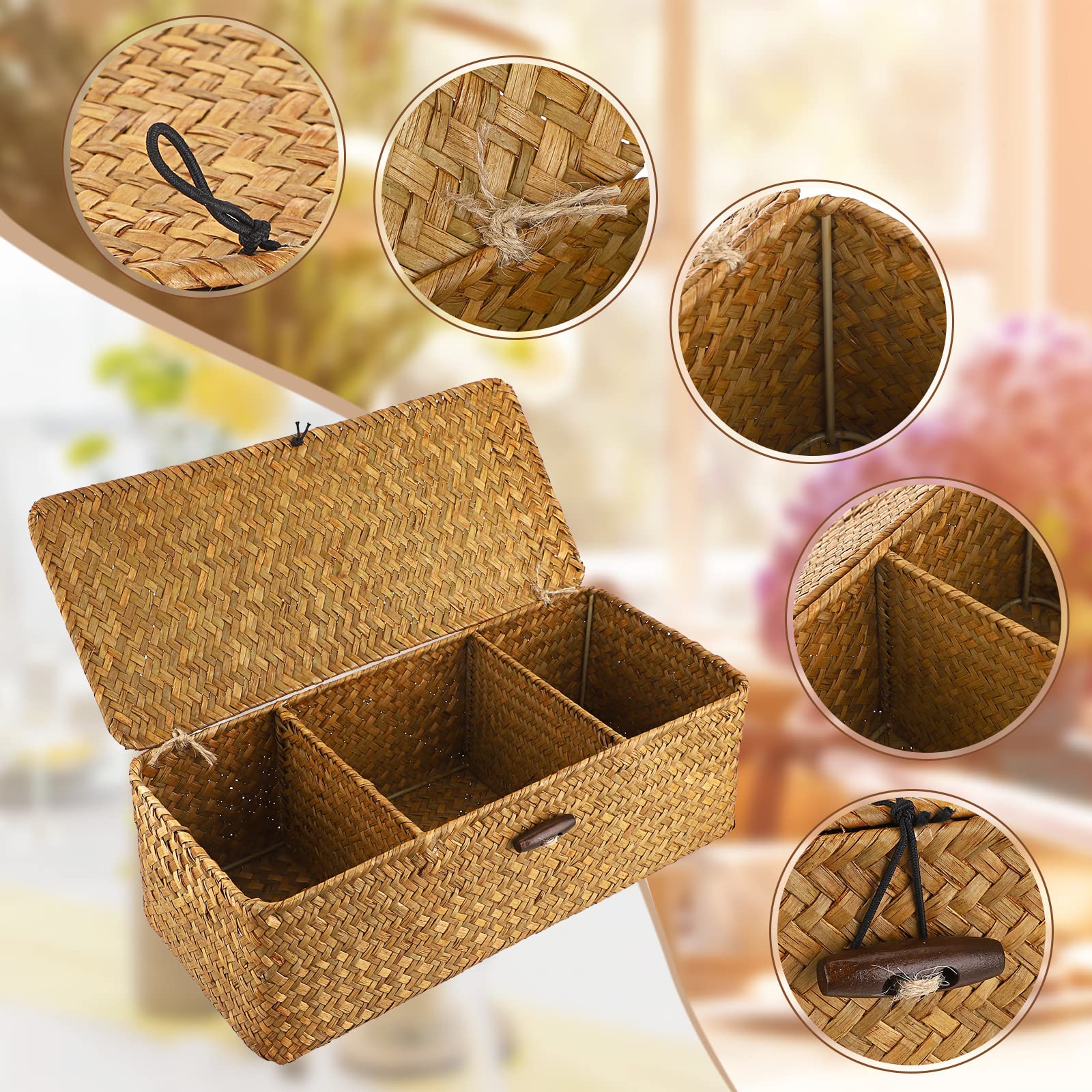 Hipiwe Seagrass Storage Basket Bin with Lid Rectangular Woven Shelf Baskets with 3-Section Toilet Paper Basket Holder for Closets Pantry Bathroom Kitchen Shelf Organizing, Caramel