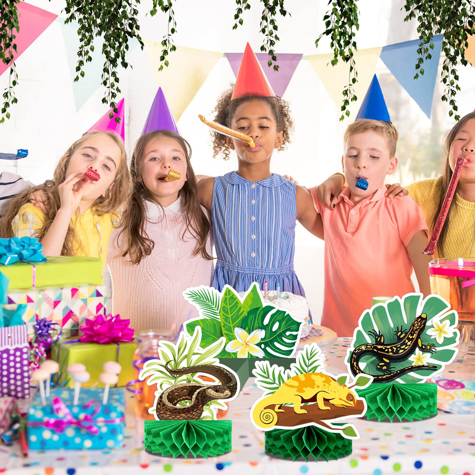 12 Pcs Reptile Honeycomb Centerpieces Jungle Animal Birthday Party Decorations DIY Assemble Reptile Party Favors Snake Lizard Honeycomb Centerpieces for Birthday Baby Shower Decor, Photo Booth Props