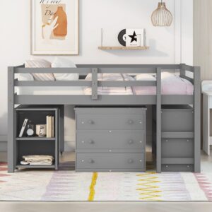 CITYLIGHT Low Full Loft Bed with Desk and Storage Cabinet, Wood Kids Full Size Loft Beds Frame with Storage Shelves & Rolling Portable Desk for Juniors, Teen, Boys & Girls (Full Size, Gray)