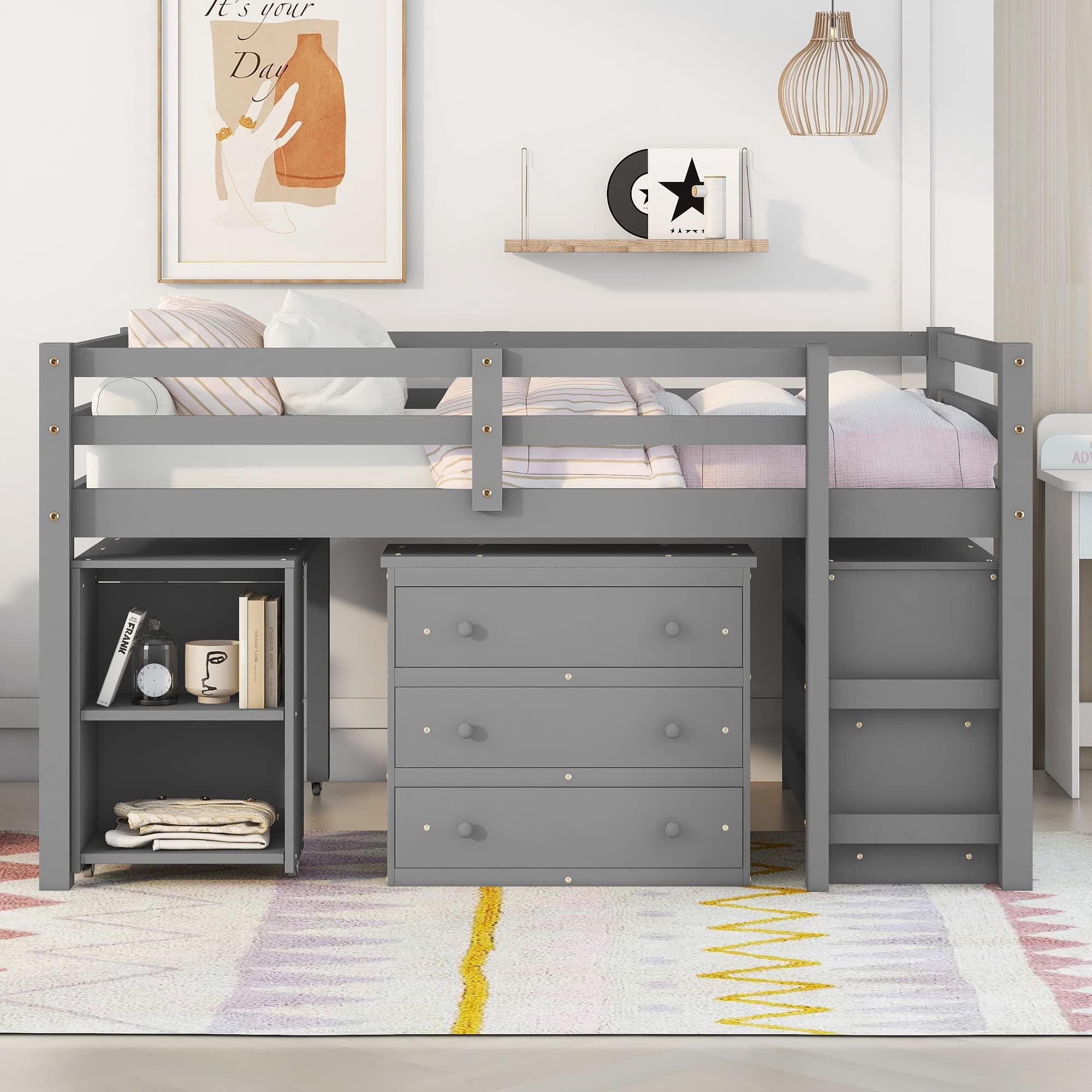 CITYLIGHT Low Full Loft Bed with Desk and Storage Cabinet, Wood Kids Full Size Loft Beds Frame with Storage Shelves & Rolling Portable Desk for Juniors, Teen, Boys & Girls (Full Size, Gray)