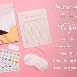 Pin The Ring on The Bride Game, 56 Gems Stickers, Bridal Shower Rings for Bridal Shower Games, Wedding Party, Large Poster, Rose Gold Party Supply