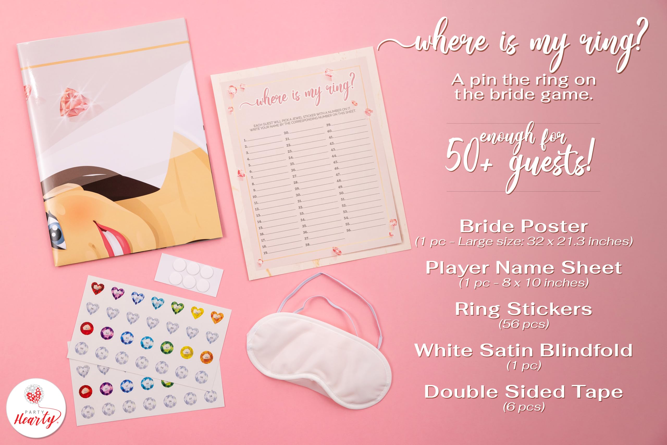 Pin The Ring on The Bride Game, 56 Gems Stickers, Bridal Shower Rings for Bridal Shower Games, Wedding Party, Large Poster, Rose Gold Party Supply