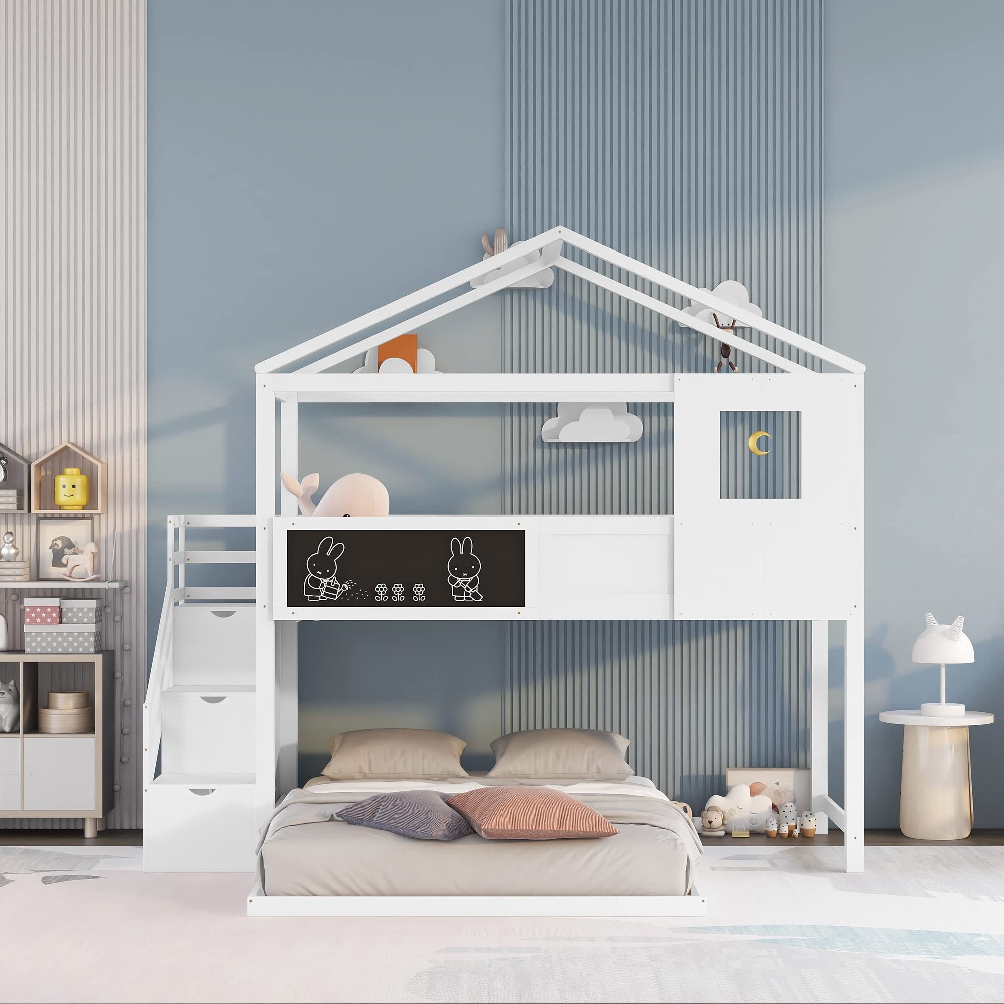 Bellemave House Bunk Beds with Stairs Twin Over Full Low Bunk Bed with Blackboard Wood Playhouse Floor Bunk Bed for Kids Girls Boys Teens, White