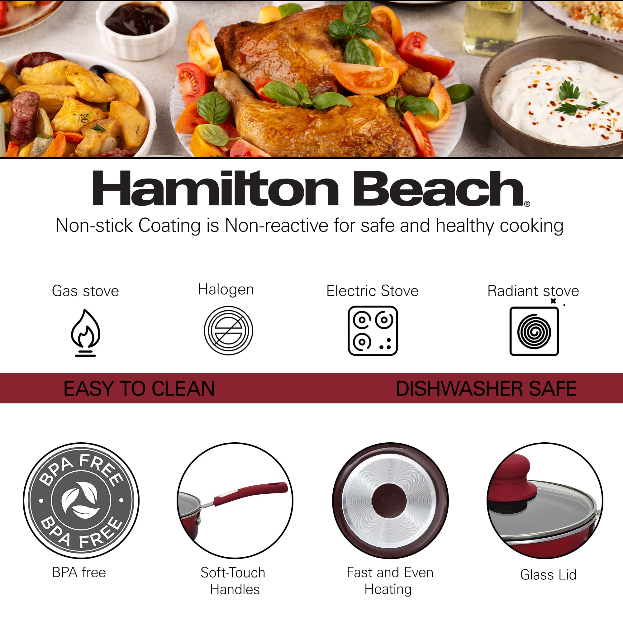 Hamilton Beach Saucepan 2.5 Quart Red, Nonstick Saucepan with Heavy-Duty Soft Touch Bakelite Handle & Glass Lid | Ergonomic Design - Multipurpose Use | Durable, Rustproof