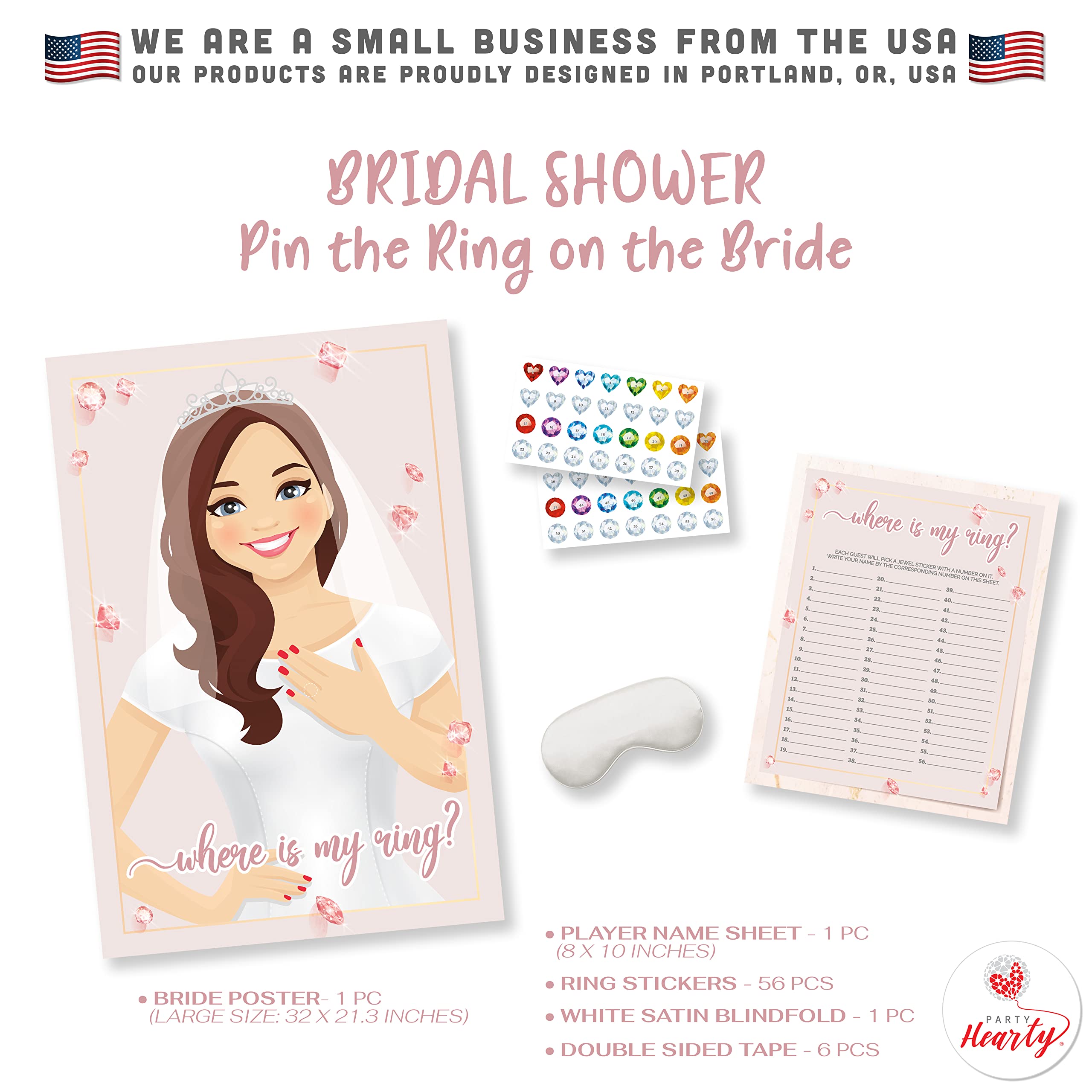 Pin The Ring on The Bride Game, 56 Gems Stickers, Bridal Shower Rings for Bridal Shower Games, Wedding Party, Large Poster, Rose Gold Party Supply