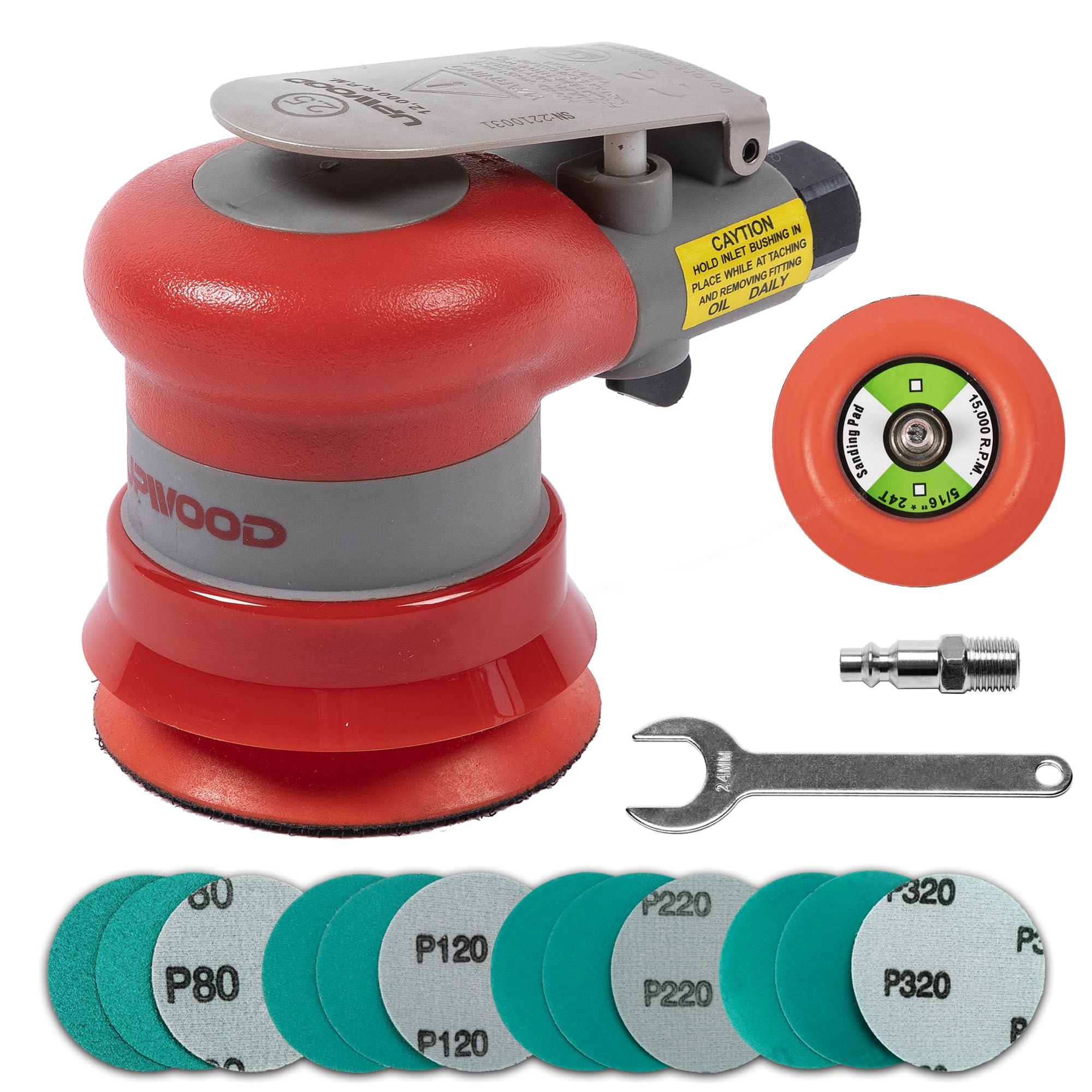 Pneumatic random orbital sander 3-inch light weight palm sander 3/32" (2.5 mm) diameter orbit 12000 RPM with extra backing pad and 12pcs sandpaper