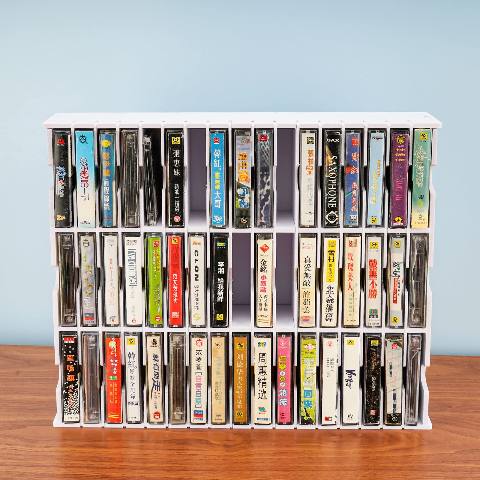 Sanfurney 51-Slot Cassette Tape Storage, Desktop Rack Audio Tape Organizer, Wall-Mounted Cassette Holder