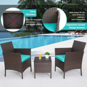 3-Piece Patio Bistro Set Wicker Conversation Set Outdoor Furniture Sets with 2 PE Rattan Wicker Chairs, 2 Cushions,1 Coffee Table for Yard Garden