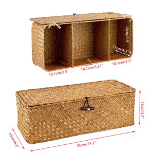 Hipiwe Seagrass Storage Basket Bin with Lid Rectangular Woven Shelf Baskets with 3-Section Toilet Paper Basket Holder for Closets Pantry Bathroom Kitchen Shelf Organizing, Caramel