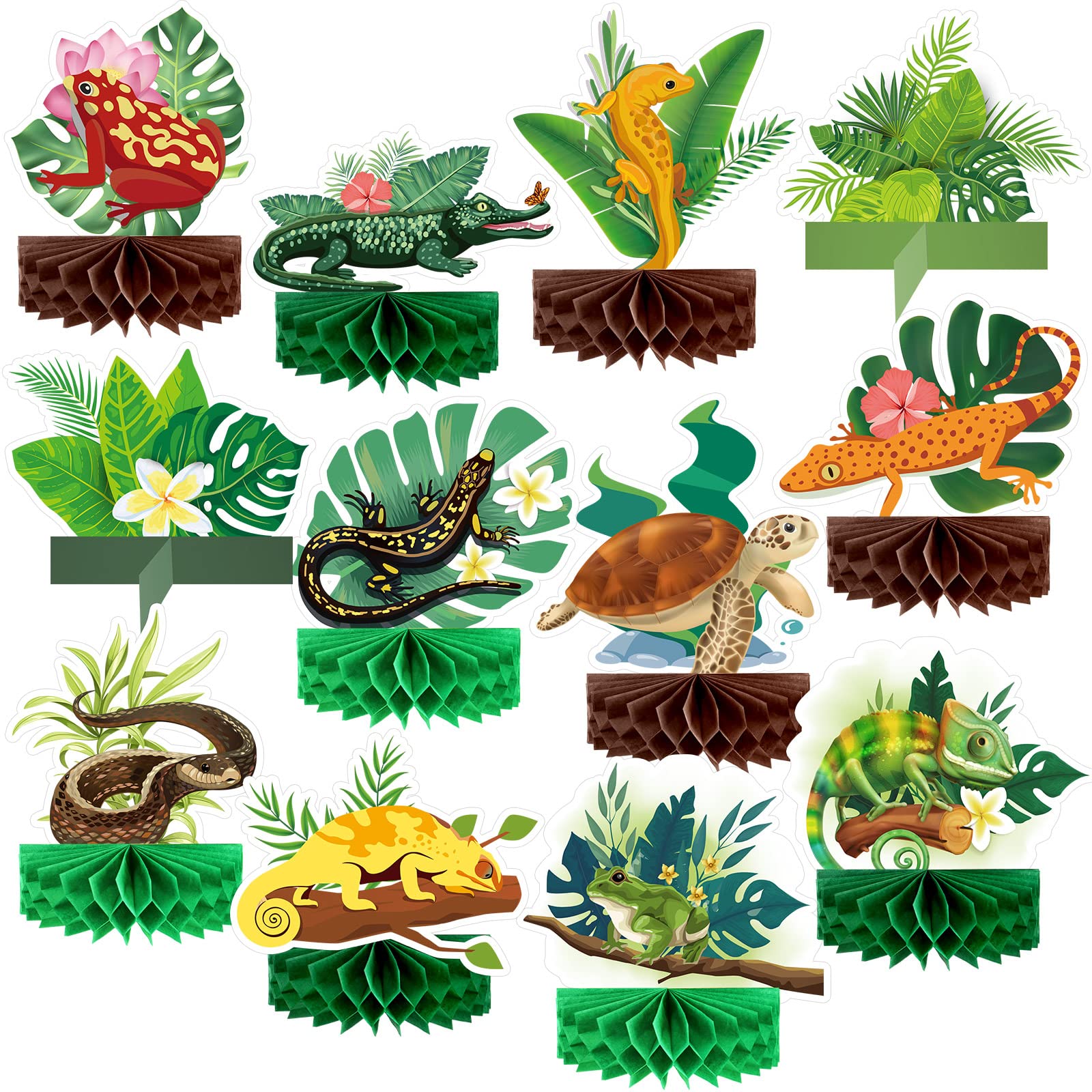 12 Pcs Reptile Honeycomb Centerpieces Jungle Animal Birthday Party Decorations DIY Assemble Reptile Party Favors Snake Lizard Honeycomb Centerpieces for Birthday Baby Shower Decor, Photo Booth Props