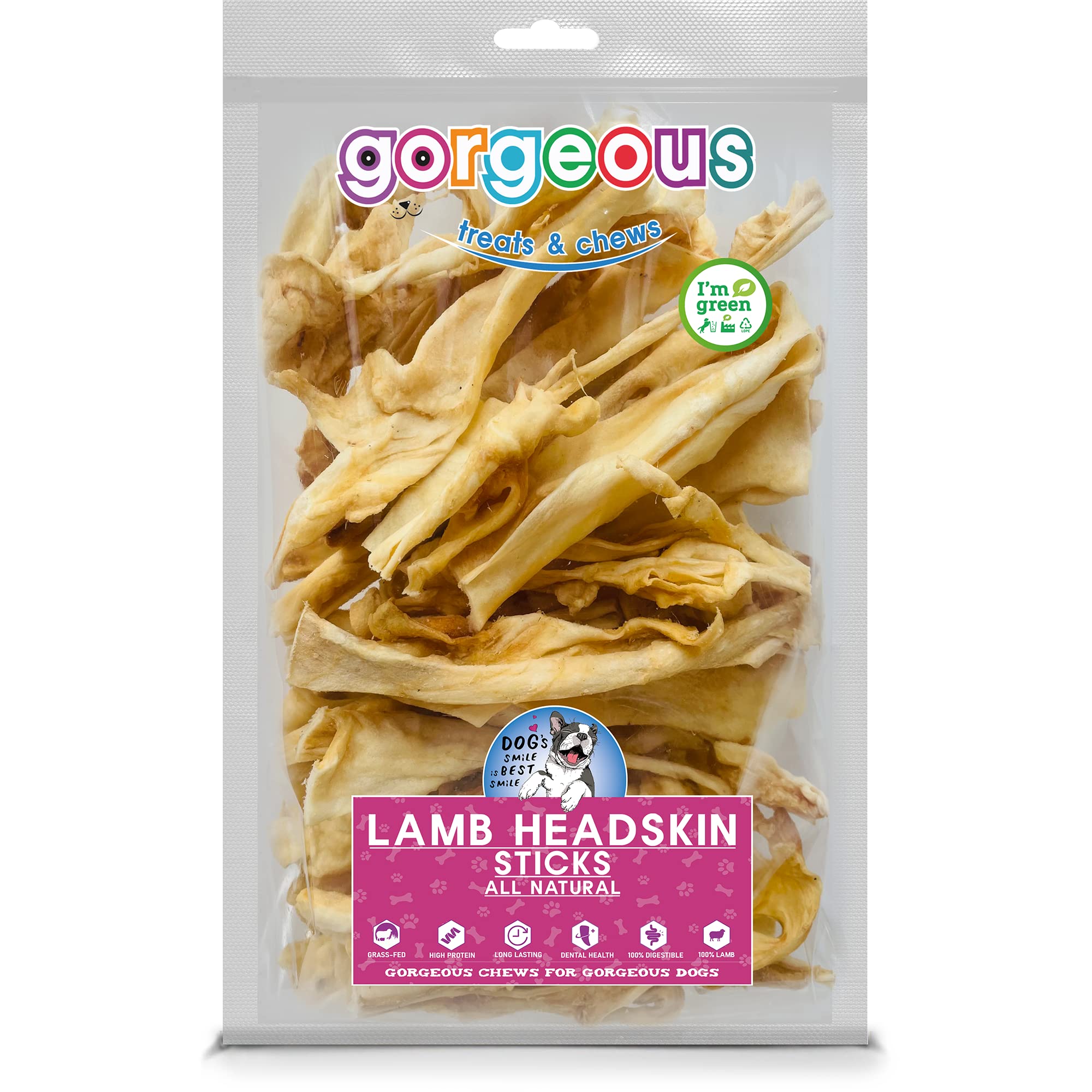 gorgeous treats and chews Lamb Head Skin Sticks | All Natural Dog Chew | High in Protein | Aids Bone & Joint Health | 100% Digestible 8 Oz.