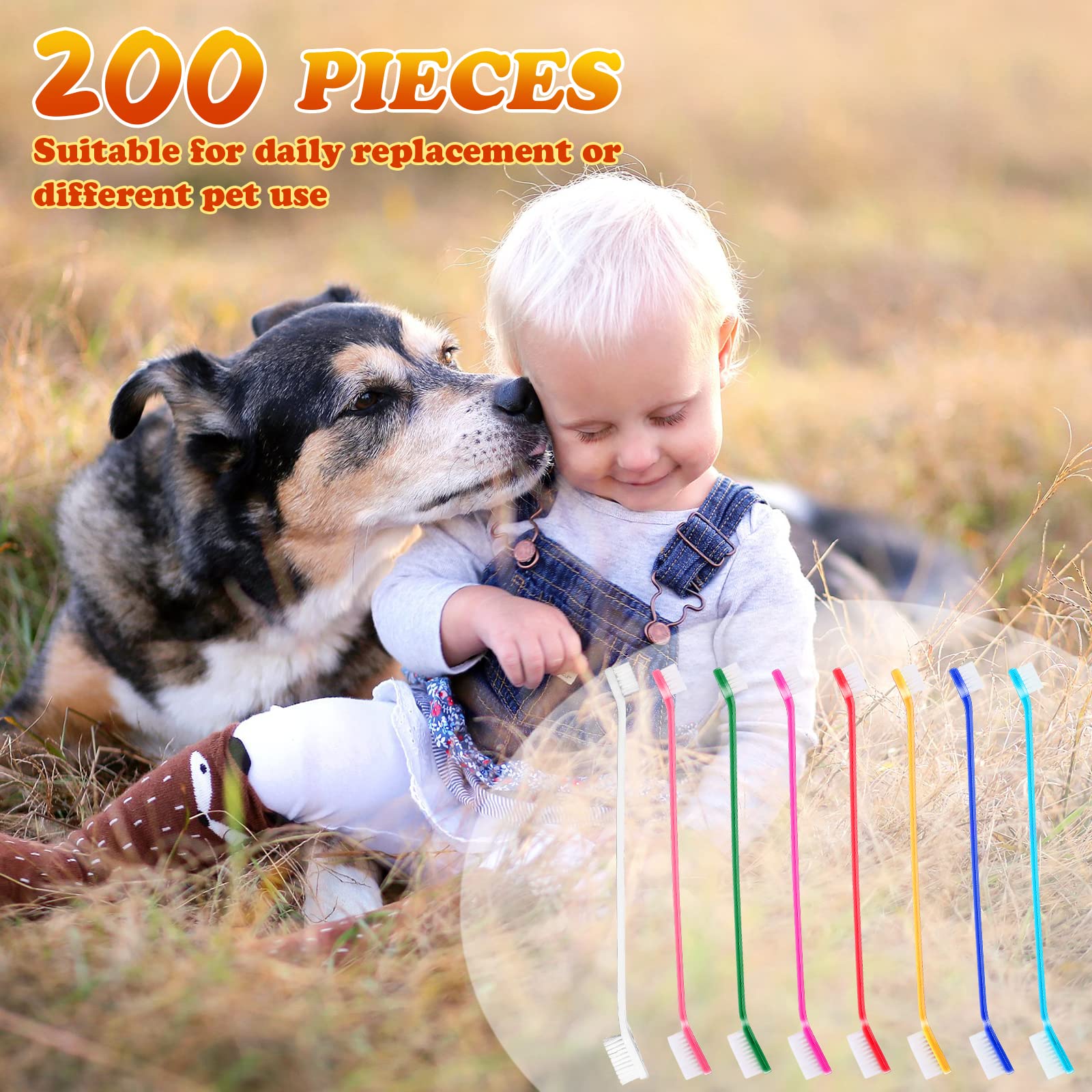 200 Pieces Dog Toothbrush Bulk Dual Headed Dental Brushes Puppy Tooth Brushing Kit Long Handle Dog Tooth Brush for Large Small Dogs Cats and Most Pets Teeth Cleaning Dental Care Supplies, 8 Colors