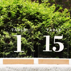 ORGANTEAM Clear Arch Wedding Table Numbers with Wooden Stands 1-15, 5x7" Acrylic Signs and Holders, Perfect for Centerpiece, Reception, Decoration, Party, Anniversary, Event (Clear, Number 1-15)