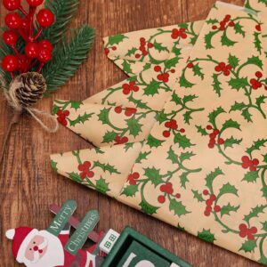 Whaline 100 Sheets Christmas Tissue Paper Xmas Holy Leaves Red Berries Printed Gift Wrapping Paper Rustic Kraft Art Tissue Paper for Christmas DIY Crafts Gift Bags Winter Party Decor, 13.8 x 19.7"