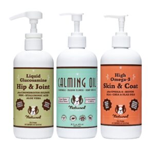 natural dog company wellness bund$le for dogs, food toppers, liquid supplements with (1) skin & coat oil, (1) liquid glucosamine, (1) calming oil