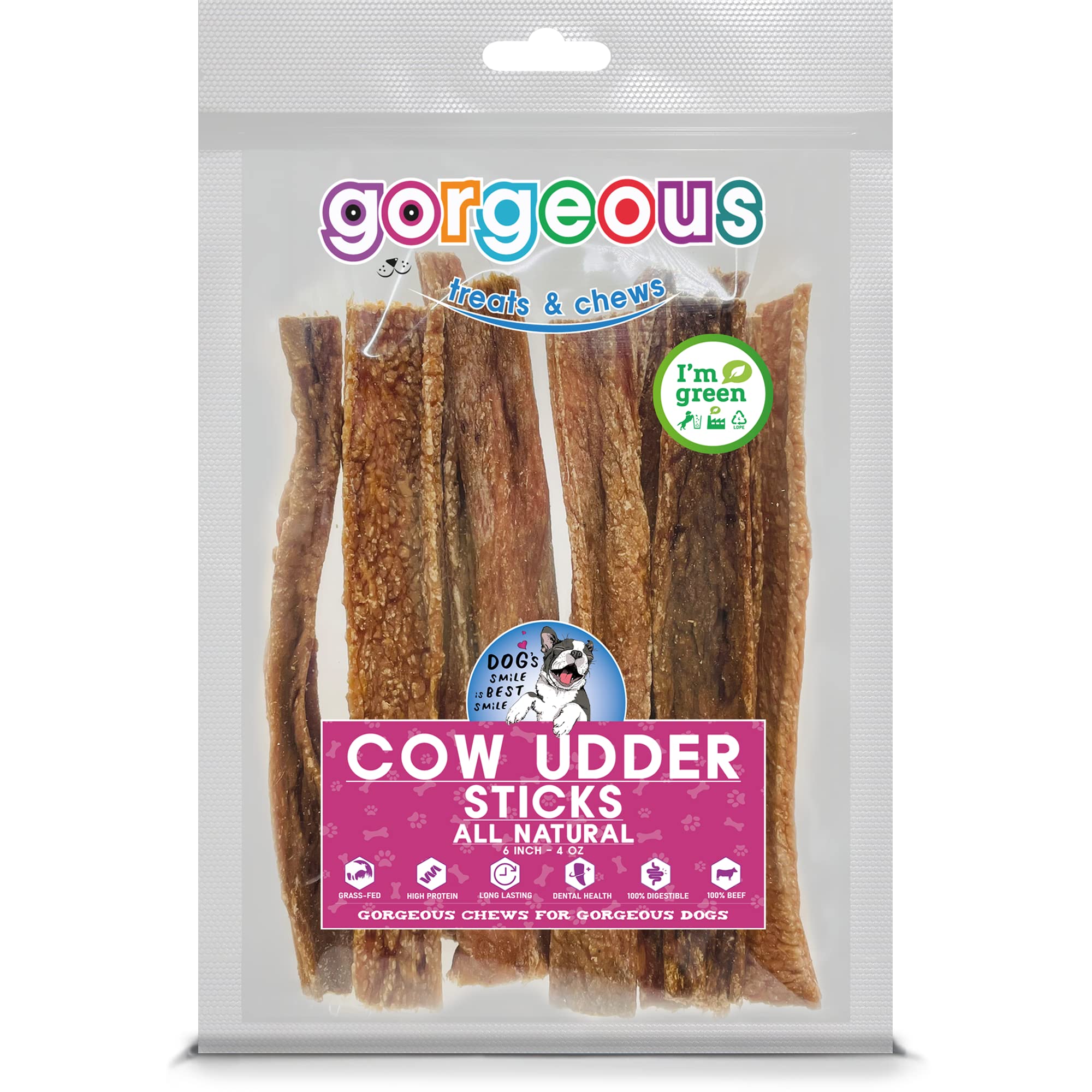 gorgeous treats and chews Cow Udder Sticks, 4 Oz | All Natural Chew for Dogs | Alternative to Rawhide | High in Protein | 100% Digestible | Good for Dental Health