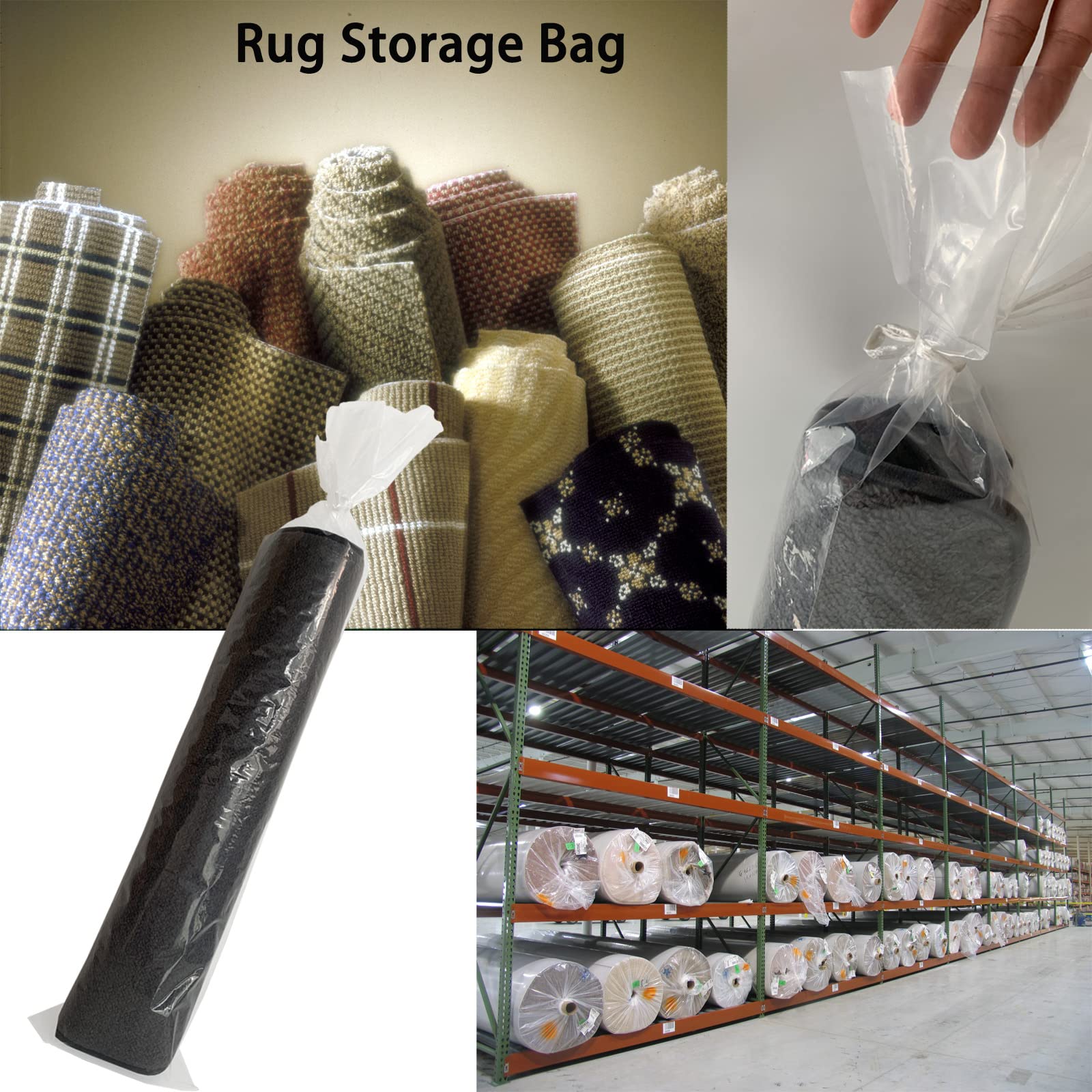 4 Pcs Rug Storage Bag with 10 Ties-Fits Rug up to 10'x14',4.5 Mil Heavy Duty Clear Plastic Rolled Rug Storage Bag for Indoor Outdoor Carpet Shipping,Packing,Moving and Storage - No Vent Holes