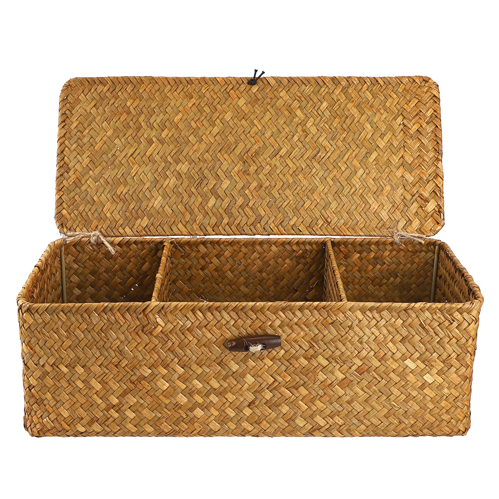 Hipiwe Seagrass Storage Basket Bin with Lid Rectangular Woven Shelf Baskets with 3-Section Toilet Paper Basket Holder for Closets Pantry Bathroom Kitchen Shelf Organizing, Caramel