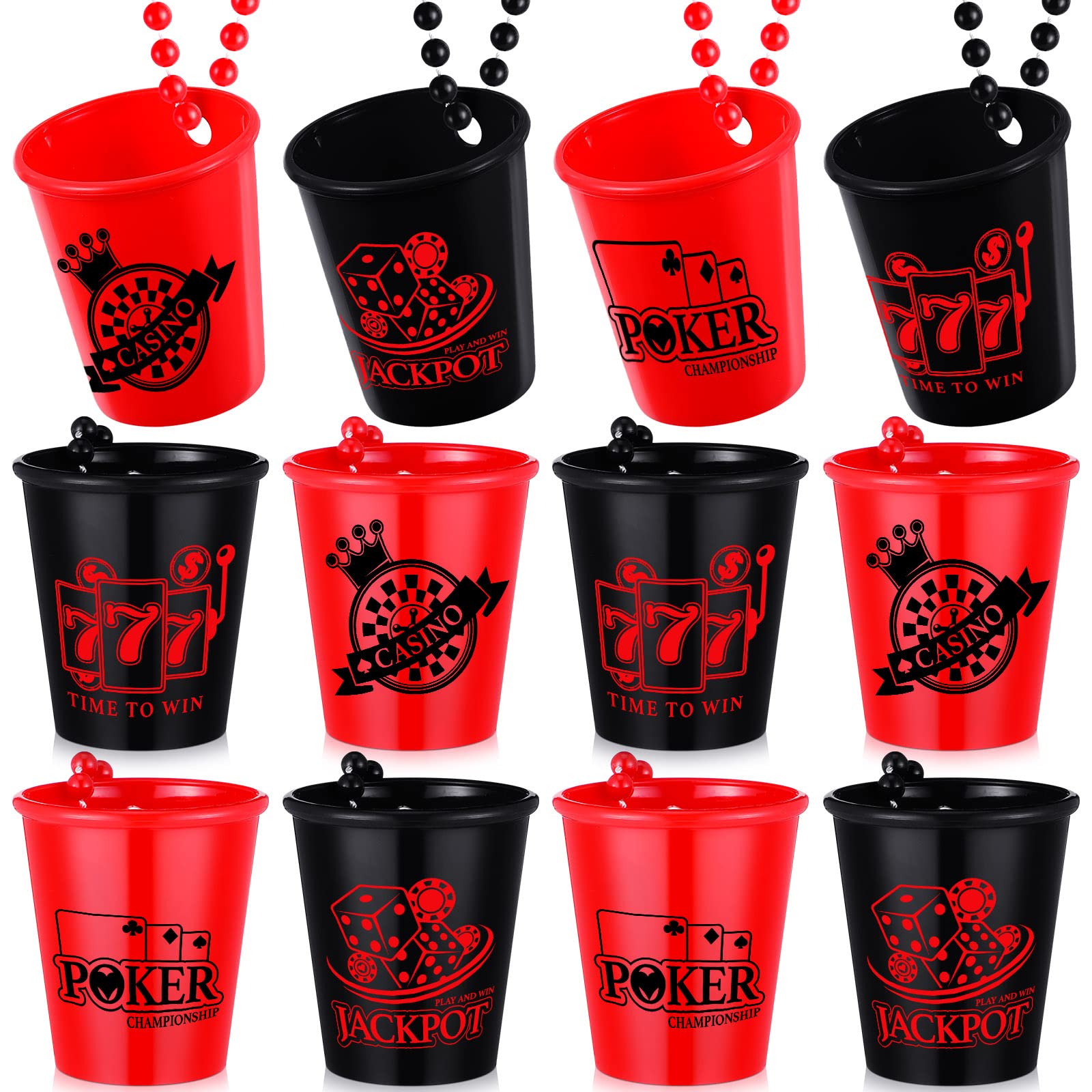 Kingdder 12 Pcs Casino Shot Glass Necklace on Beaded Plastic Shot Necklace Cup Shot Glasses Casino Themed Party Favors, Graduation Las Vegas Party Decoration, 4 Styles(Casino)