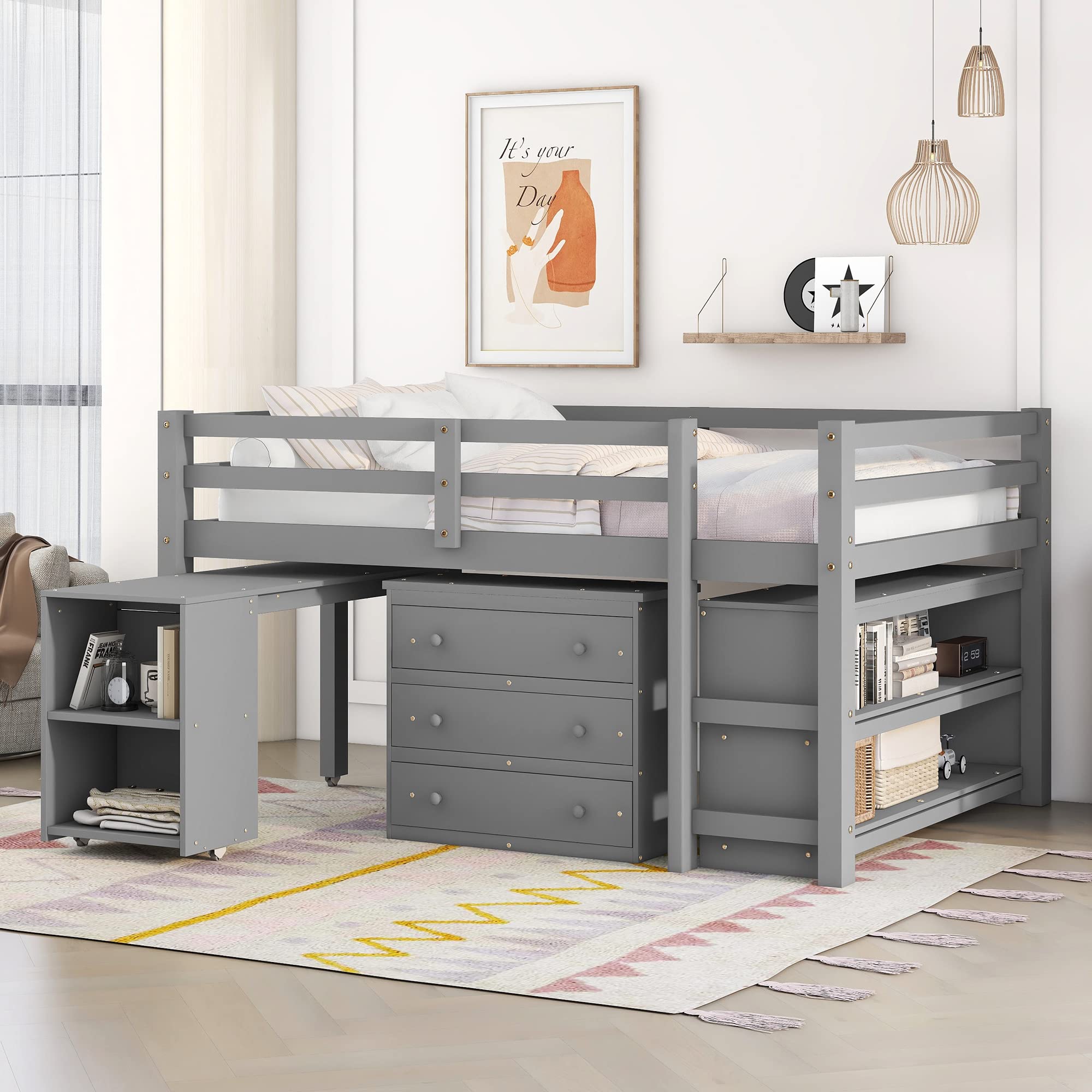 CITYLIGHT Low Full Loft Bed with Desk and Storage Cabinet, Wood Kids Full Size Loft Beds Frame with Storage Shelves & Rolling Portable Desk for Juniors, Teen, Boys & Girls (Full Size, Gray)