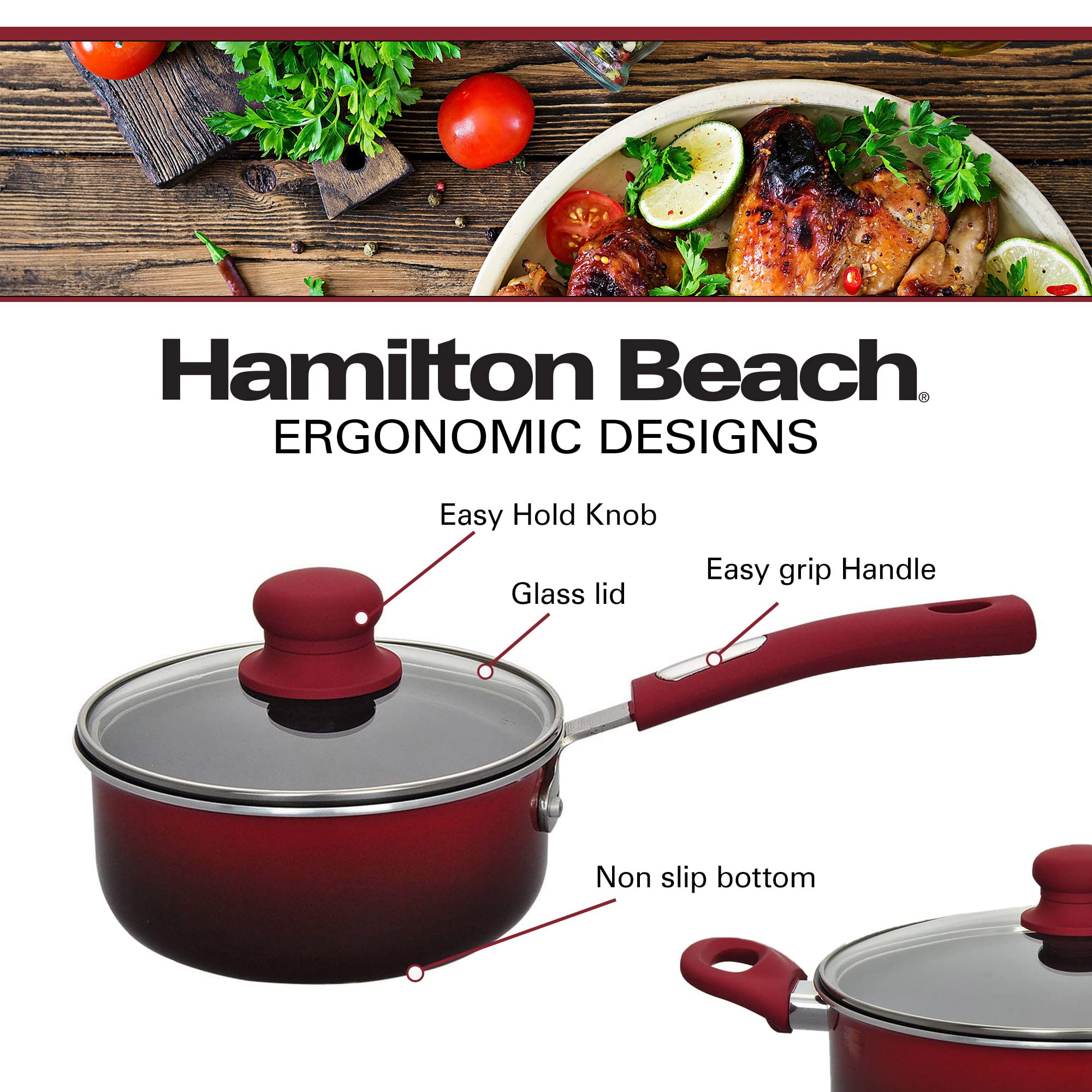 Hamilton Beach Saucepan 2.5 Quart Red, Nonstick Saucepan with Heavy-Duty Soft Touch Bakelite Handle & Glass Lid | Ergonomic Design - Multipurpose Use | Durable, Rustproof