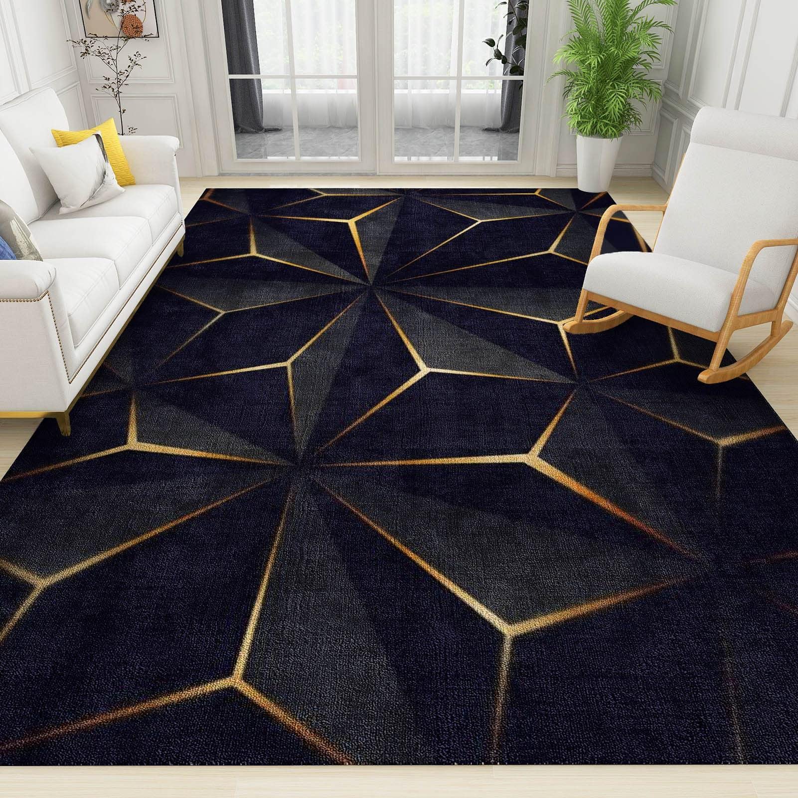 Golden Lines Abstract Geometric Area Rugs, Black Gold Abstract Art Soft Washable Carpet, Upholstery Rug with Non-Slip Backing for Kids Boys Girls Bedroom Living Room Dining Room Study 3ftx4ft