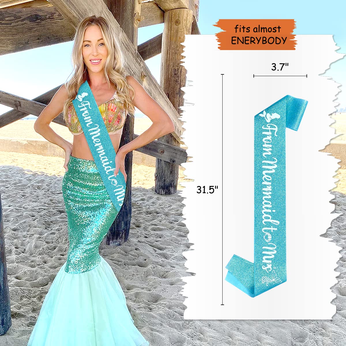 Mermaid Bridal Bachelorette Party Sash Teal Blue Glitter From Mermaid to Mrs Sash Mermaid Bachelorette Party Sash Mermaid Bridal Shower Party Supplies for Engagement Wedding Party Decorations