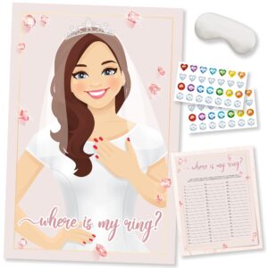 pin the ring on the bride game, 56 gems stickers, bridal shower rings for bridal shower games, wedding party, large poster, rose gold party supply