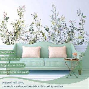 VePret Green Plants Leaves Wall Decals Peel and Stick, Large Floral Flowers Wall Stickers, Removable Vine Home Decor Art for Bedroom Living Room Classroom Office