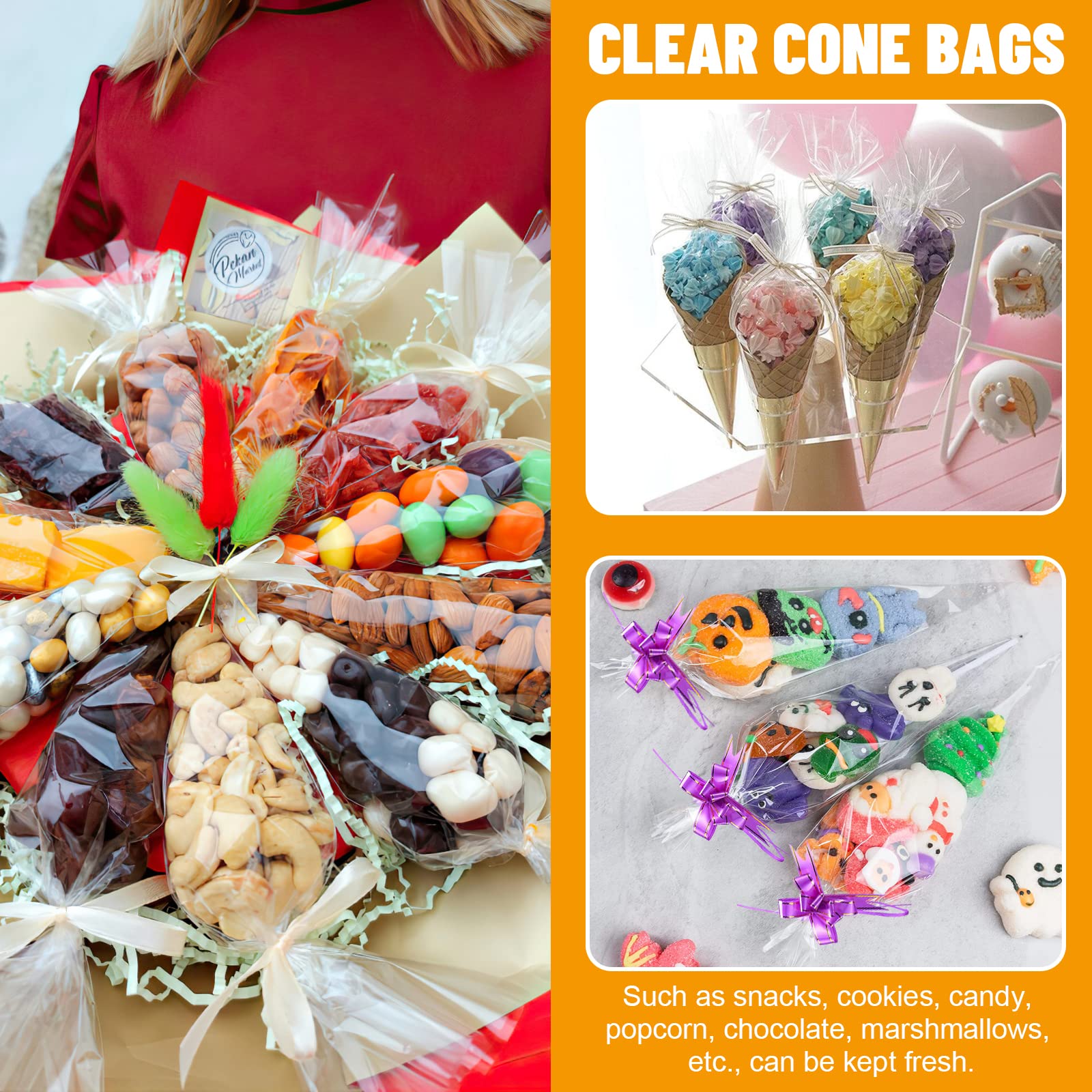 Cone Bags, 100Pcs Cone Shaped Treat Bags with Twist Ties and Bows, Plastic Triangle Bags for Favor Candy Cookies, 14.6 * 7 Inches