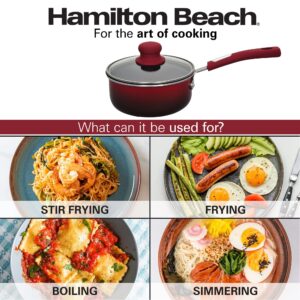 Hamilton Beach Saucepan 2.5 Quart Red, Nonstick Saucepan with Heavy-Duty Soft Touch Bakelite Handle & Glass Lid | Ergonomic Design - Multipurpose Use | Durable, Rustproof