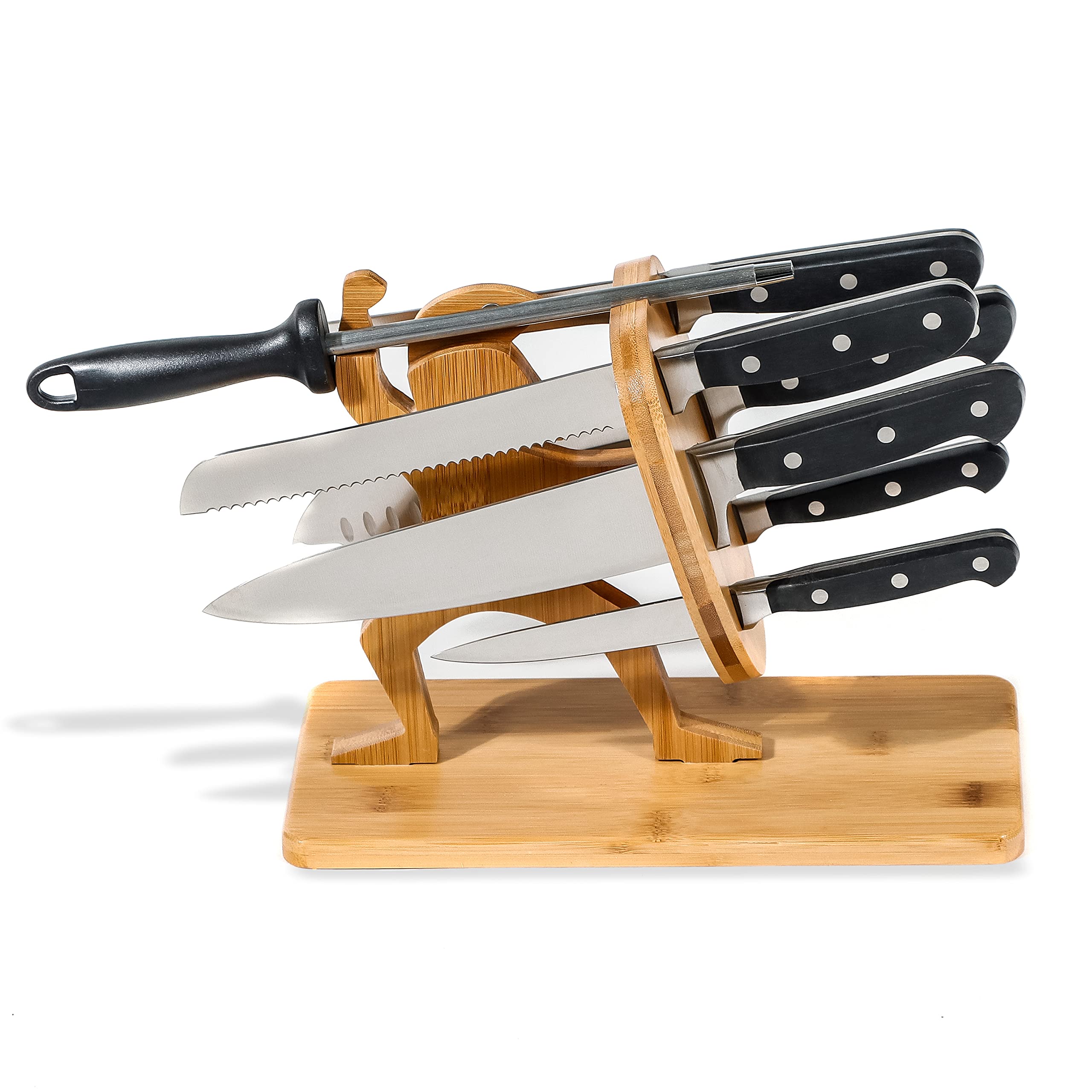 Trademark Innovations Spartan Warrior Pinewood Knife Block Holder with 6 Knives and Sharpener Included