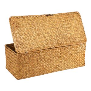 Hipiwe Seagrass Storage Basket Bin with Lid Rectangular Woven Shelf Baskets with 3-Section Toilet Paper Basket Holder for Closets Pantry Bathroom Kitchen Shelf Organizing, Caramel