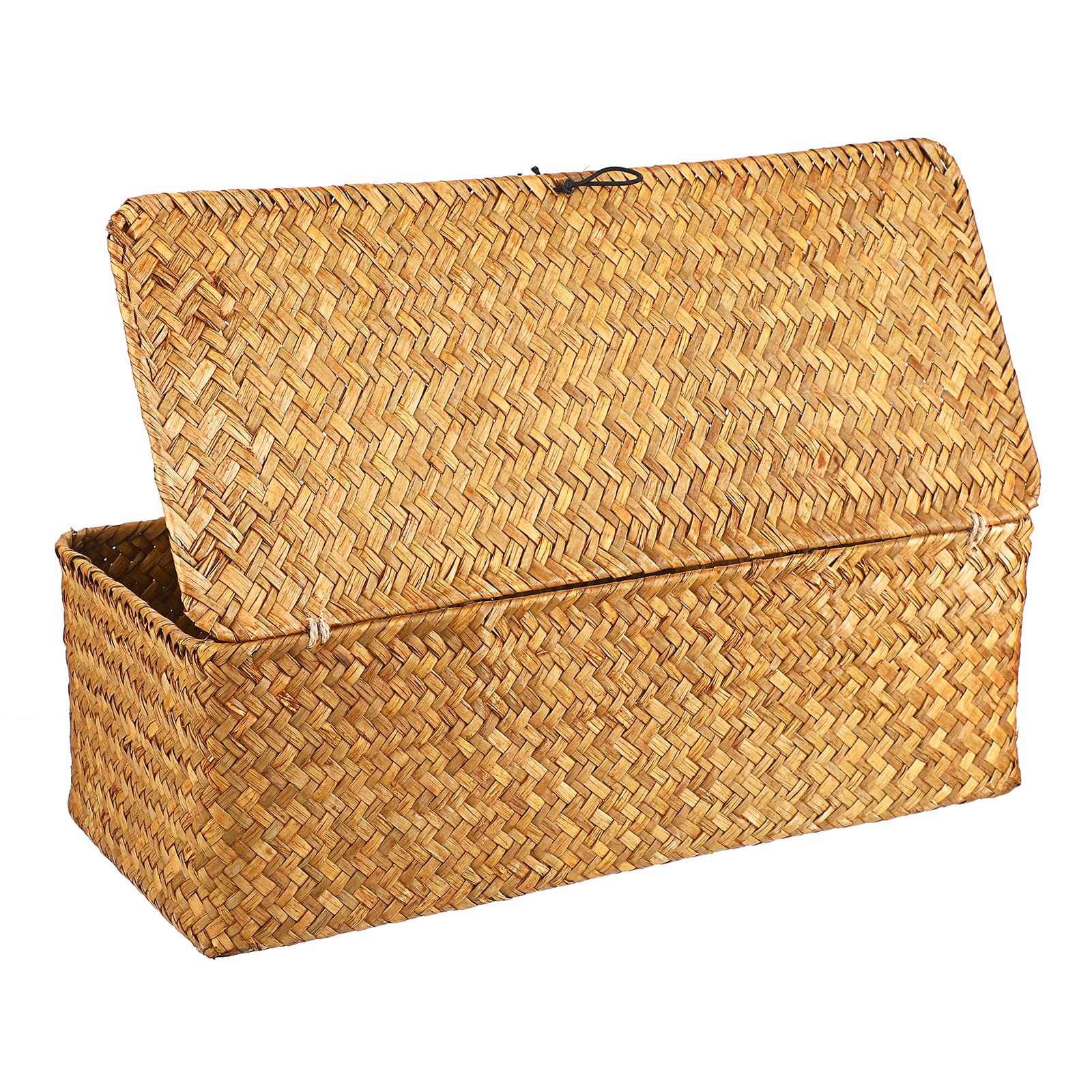 Hipiwe Seagrass Storage Basket Bin with Lid Rectangular Woven Shelf Baskets with 3-Section Toilet Paper Basket Holder for Closets Pantry Bathroom Kitchen Shelf Organizing, Caramel