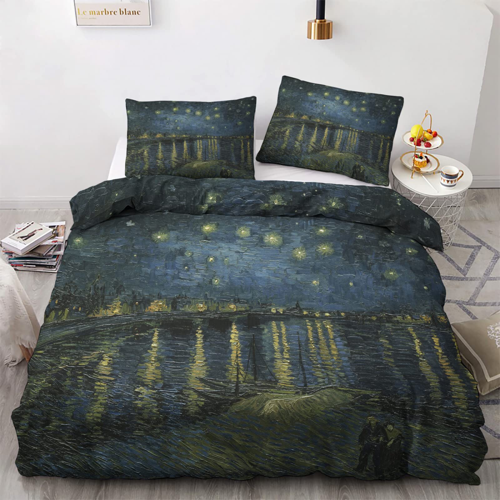 zcwl Impressionism Duvet Cover Twin Size | Starry Night Over The Rhone Bedding Set | 2 Piece | Soft Microfiber Patterned Comforter Cover with Zipper Ties & 1 Pillowcase | Bedroom & Room Decor