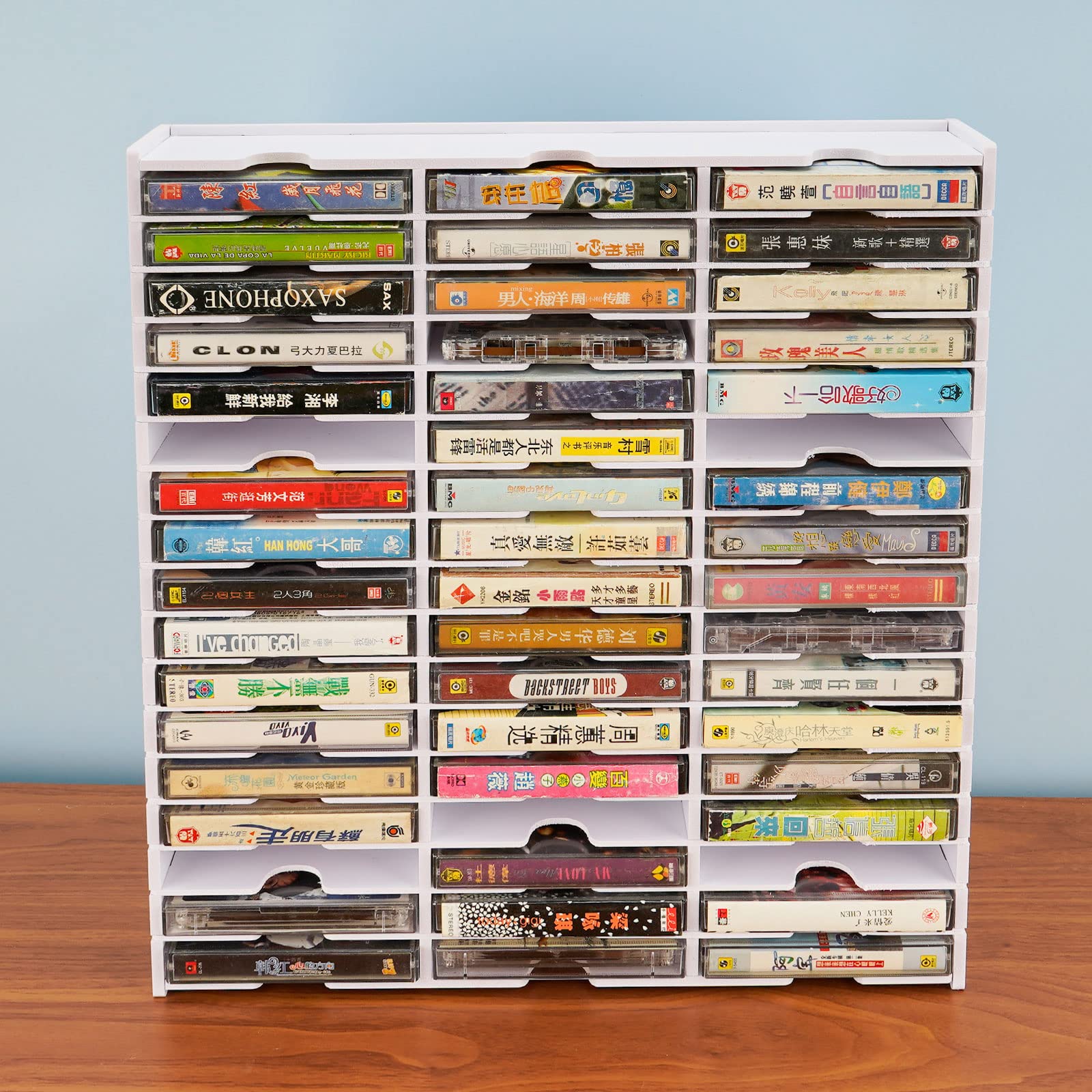 Sanfurney 51-Slot Cassette Tape Storage, Desktop Rack Audio Tape Organizer, Wall-Mounted Cassette Holder