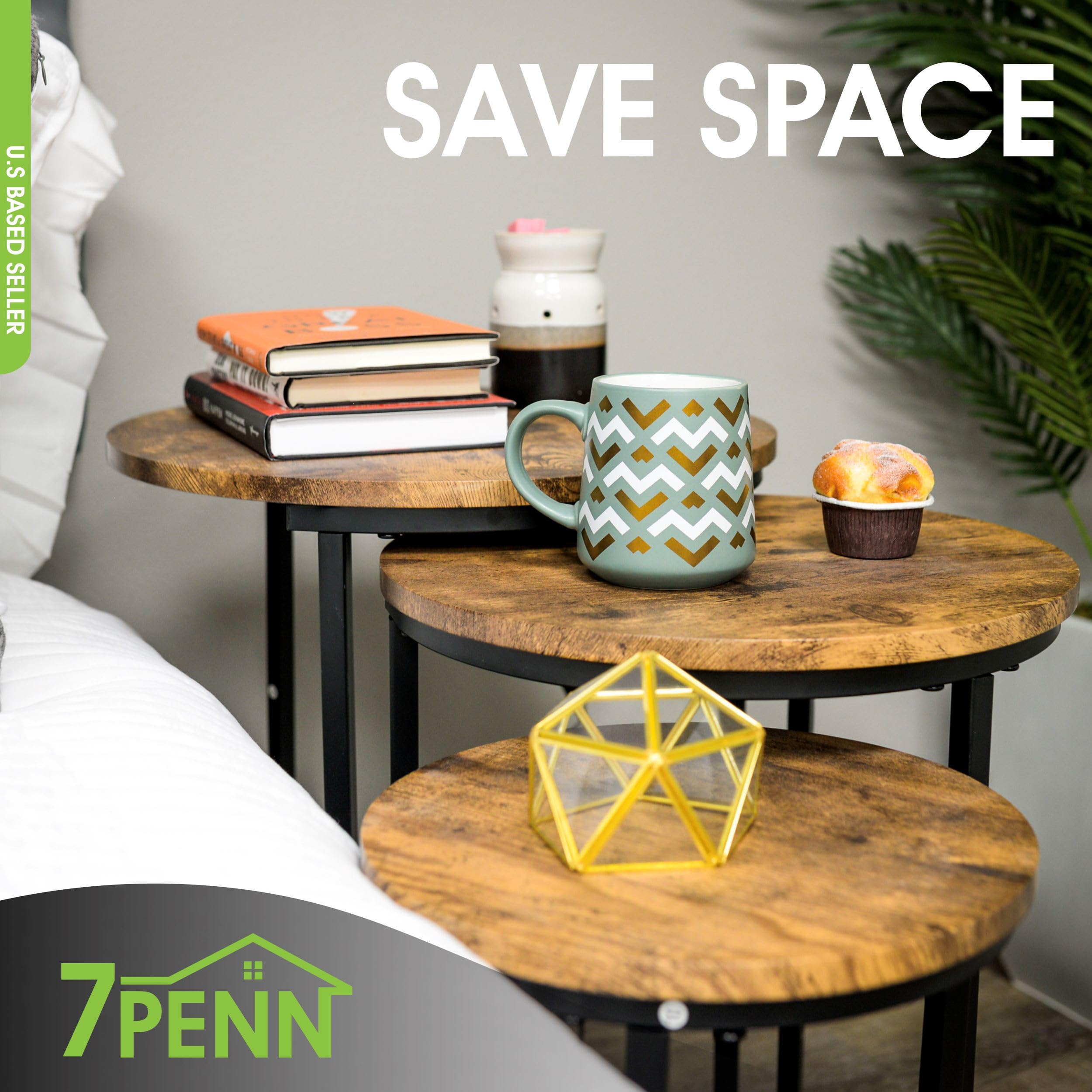 7Penn Round Nesting Tables Set of 3 - Wood Accent Nightstand Set Small Coffee Tables for Living Room or Bedroom