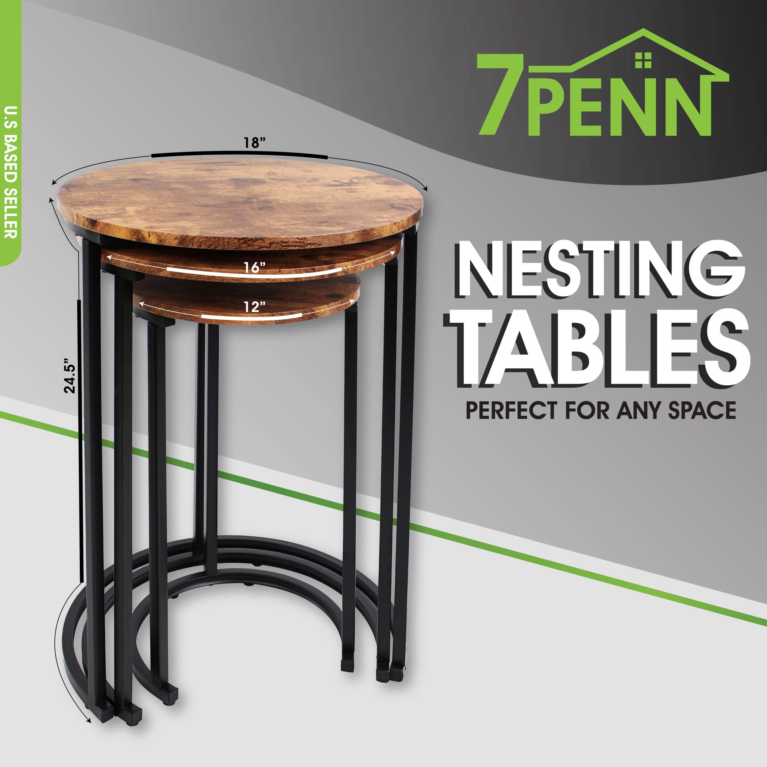 7Penn Round Nesting Tables Set of 3 - Wood Accent Nightstand Set Small Coffee Tables for Living Room or Bedroom