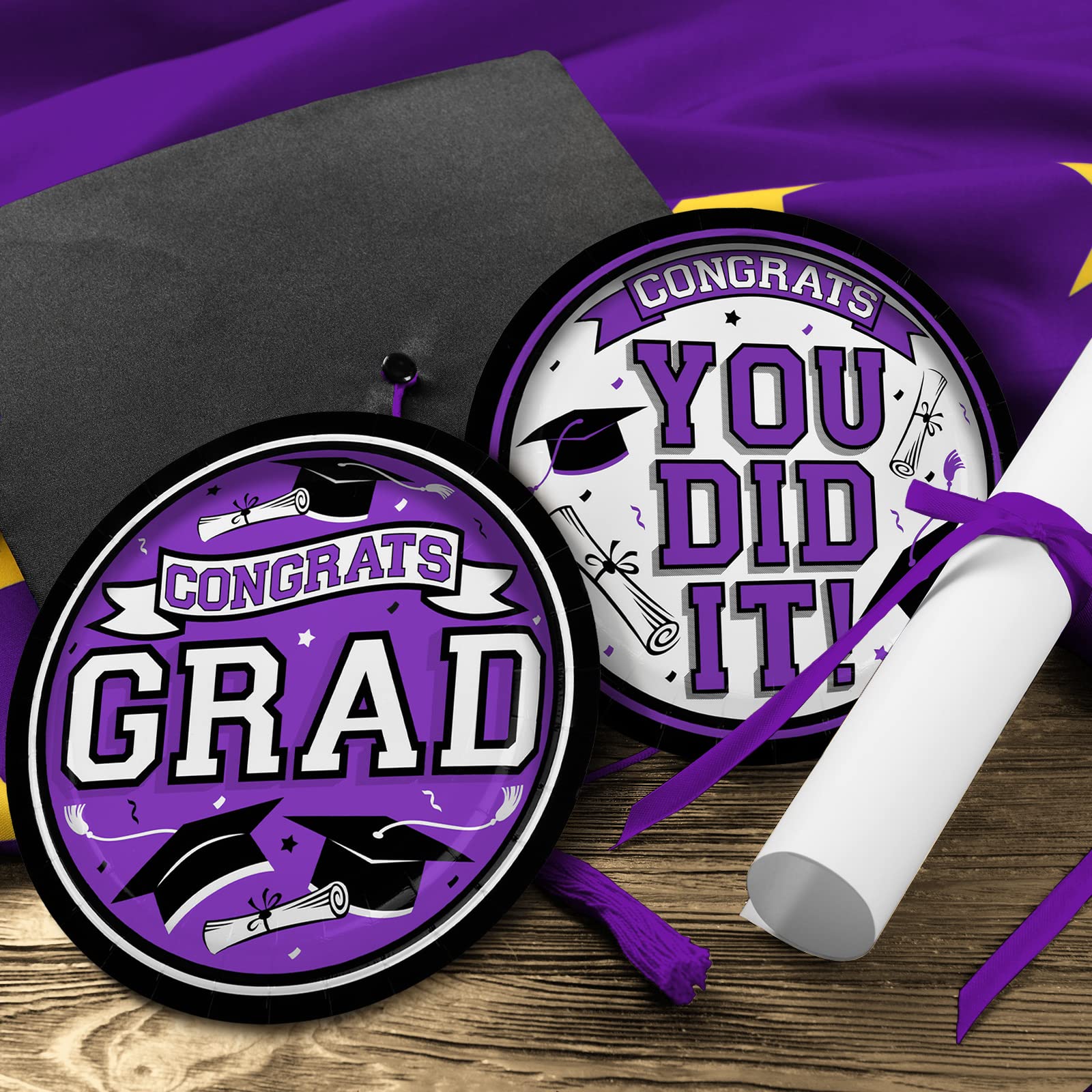 Gatherfun 2024 Graduation Party Supplies purple Dinnerware Disposable Paper Plates for Congrats Grad Party Decorations, Serve 80