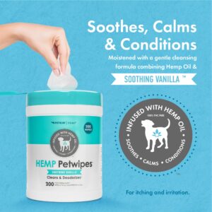 Petkin Hemp Pet Wipes for Dogs and Cats - with Hemp Oil & Soothing Vanilla Scent, 200 Count - Soothes, Calms & Conditions - Wipes for Pet's Face, Eyes and Body - for Home or Travel