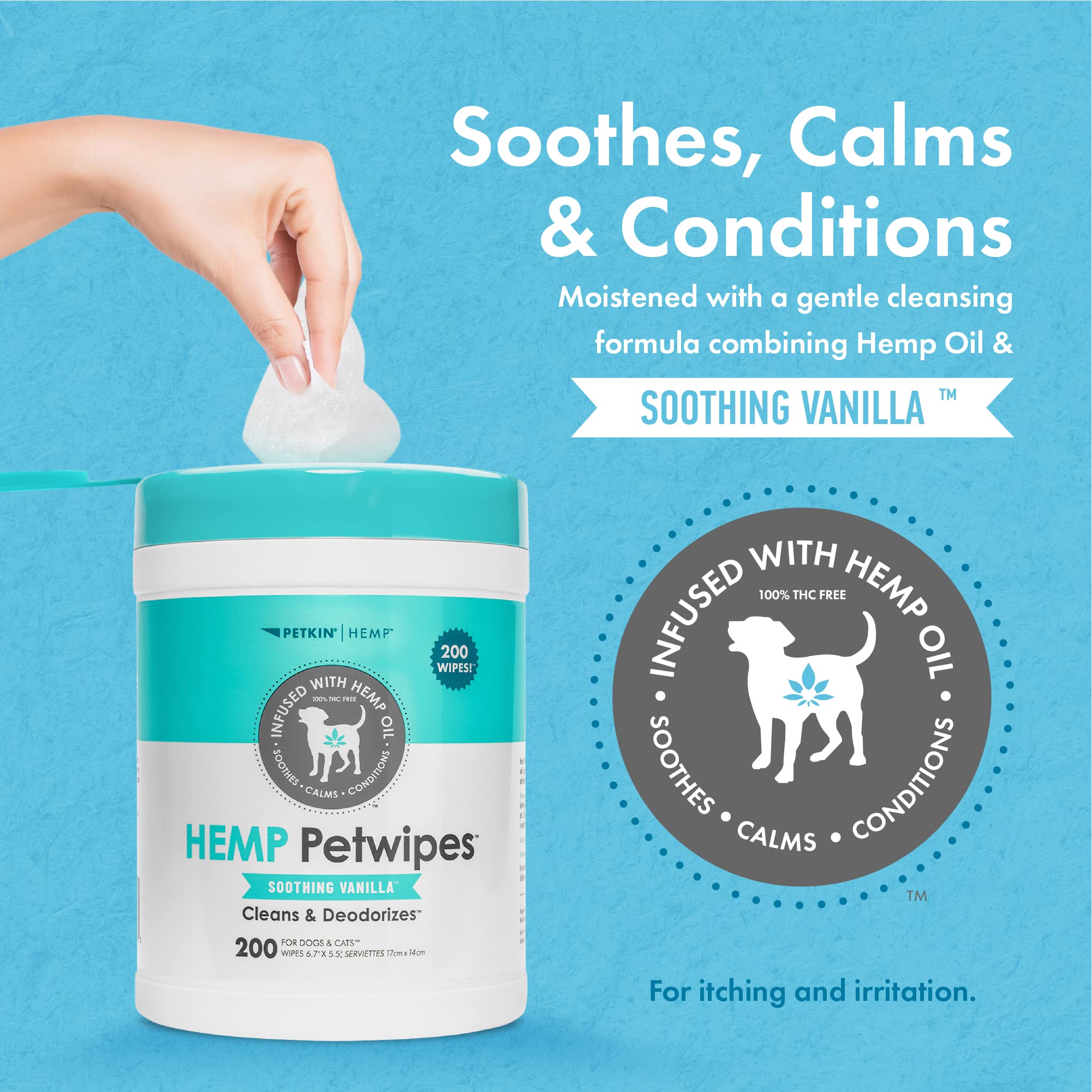 Petkin Hemp Pet Wipes for Dogs and Cats - with Hemp Oil & Soothing Vanilla Scent, 200 Count - Soothes, Calms & Conditions - Wipes for Pet's Face, Eyes and Body - for Home or Travel