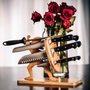 Trademark Innovations Spartan Warrior Pinewood Knife Block Holder with 6 Knives and Sharpener Included