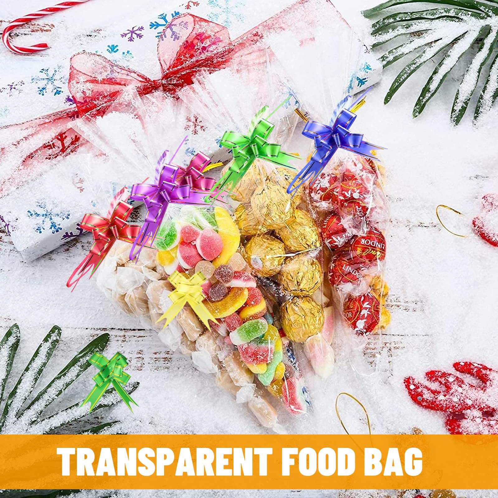 Cone Bags, 100Pcs Cone Shaped Treat Bags with Twist Ties and Bows, Plastic Triangle Bags for Favor Candy Cookies, 14.6 * 7 Inches