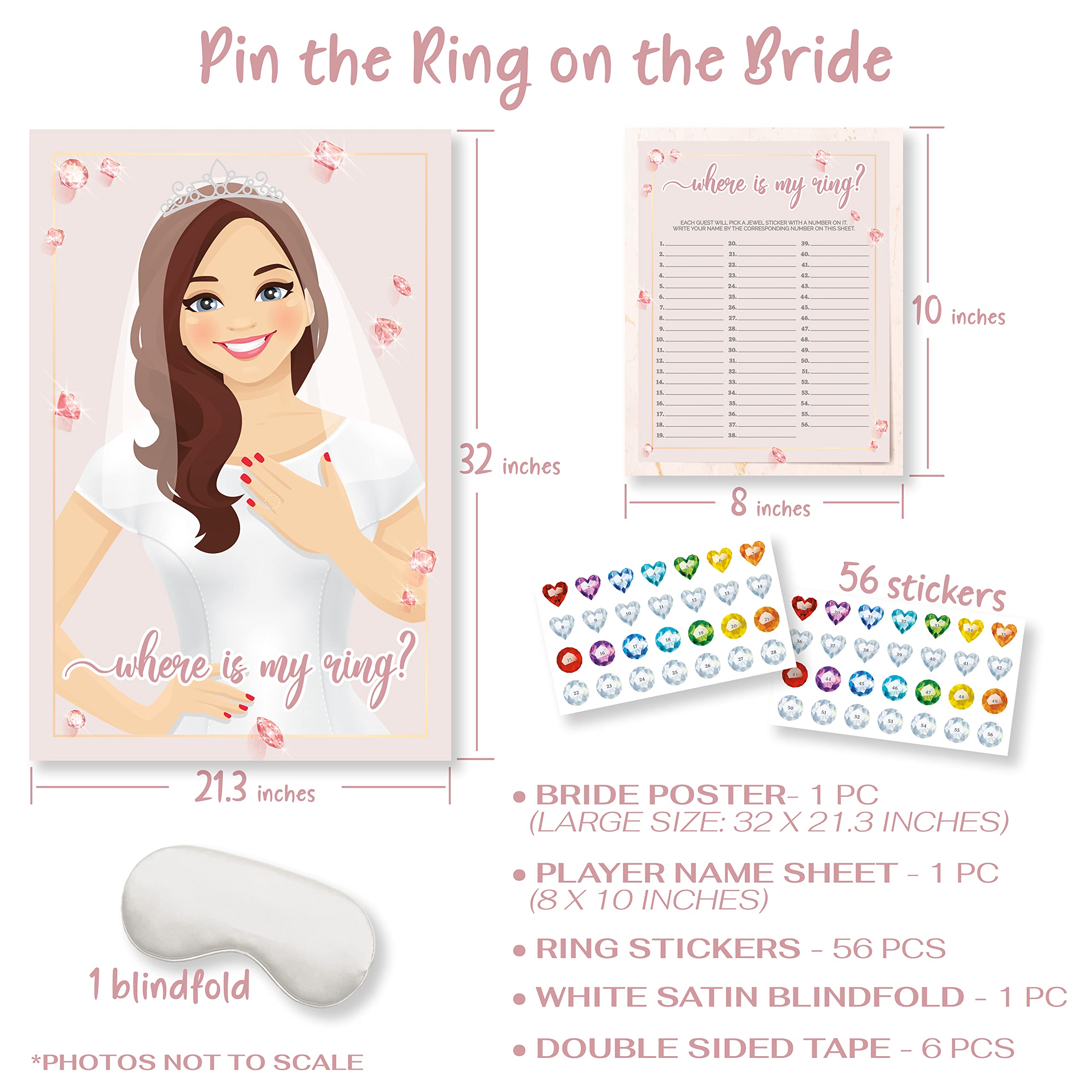 Pin The Ring on The Bride Game, 56 Gems Stickers, Bridal Shower Rings for Bridal Shower Games, Wedding Party, Large Poster, Rose Gold Party Supply