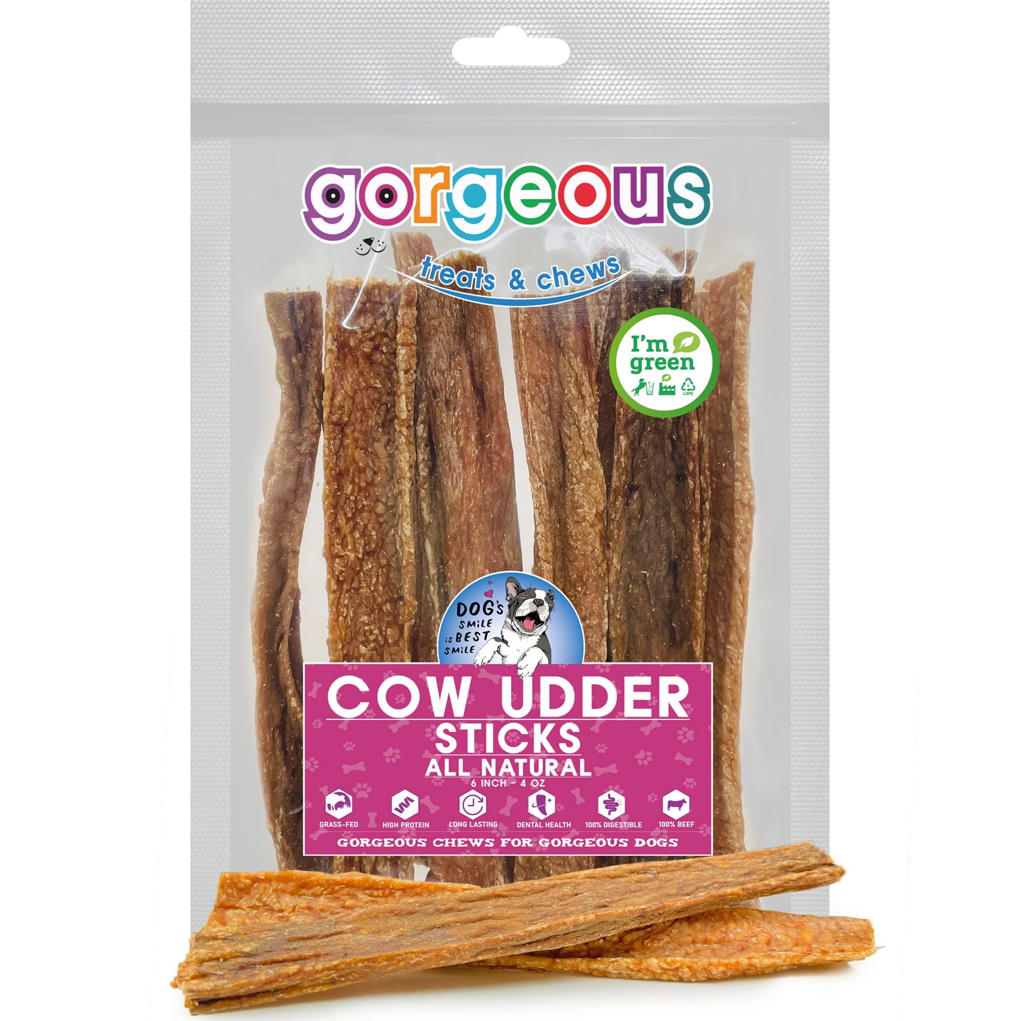 gorgeous treats and chews Cow Udder Sticks, 4 Oz | All Natural Chew for Dogs | Alternative to Rawhide | High in Protein | 100% Digestible | Good for Dental Health