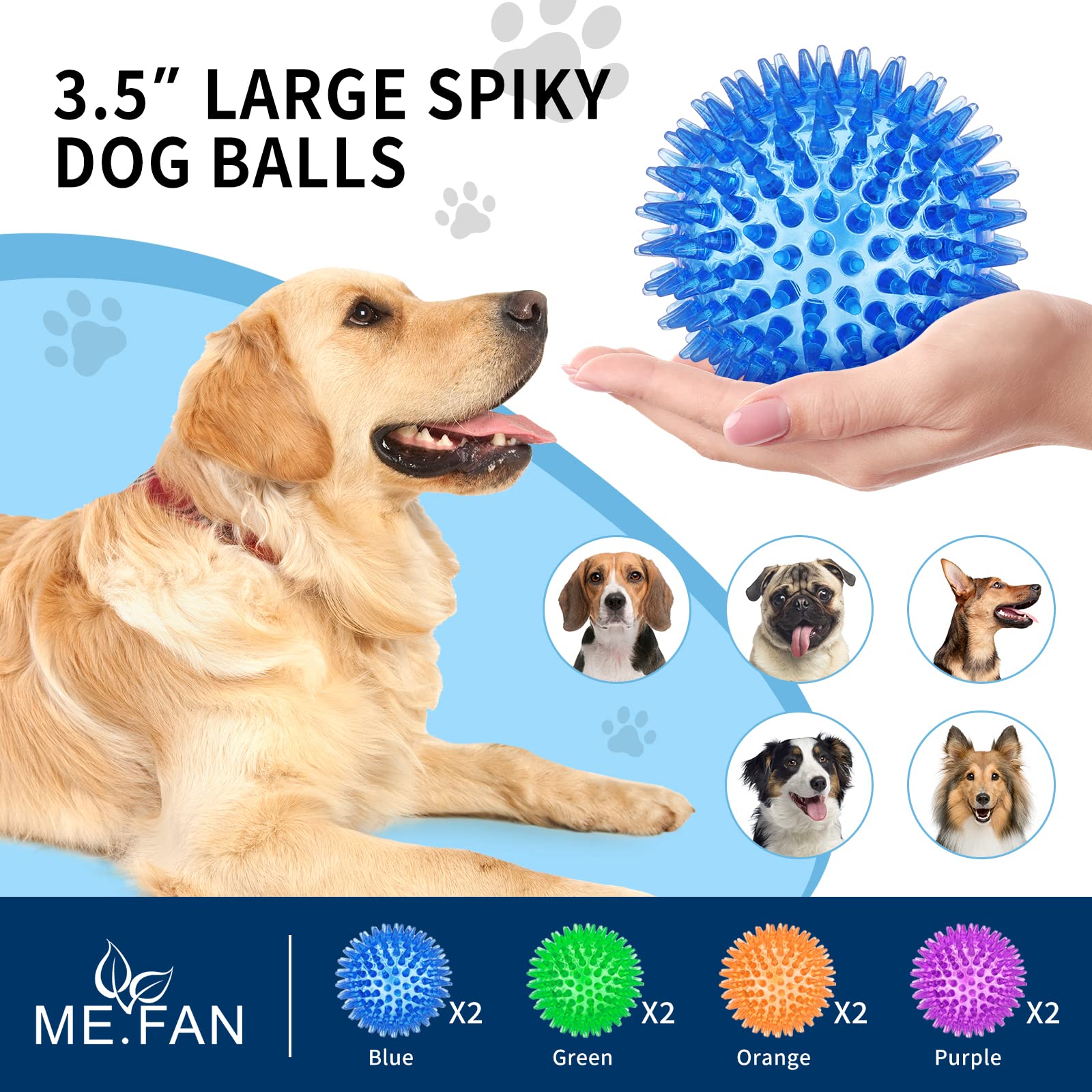 ME.FAN 3.5'' Squeaky Dog Toy Balls [8 Pack] Spiky Dog Balls/Puppy Chew Toys for Cleaning Teeth and Gum Health/Squeaker Ball Toys for Aggressive Chewers