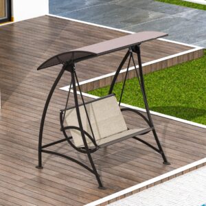 domi porch patio swing with adjustable canopy, 2-seat swing with stand, outdoor loveseat swing w/armrests, weather resistant steel frame and textilene fabric dark brown