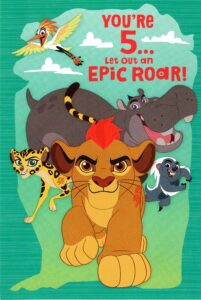 the lion guard happy 5th fifth (age 5) birthday card featuring kion, fuli, bunga, ono, and beshte: you're 5... let out an epic roar!